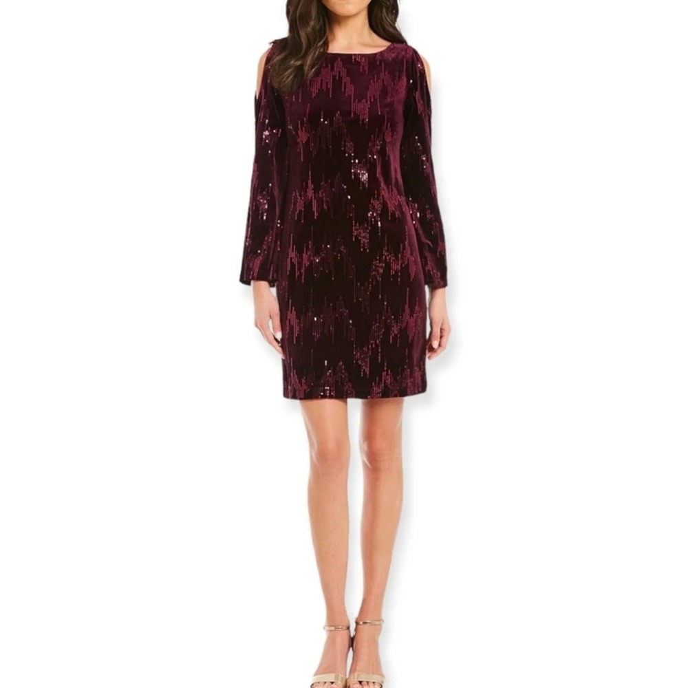 Jessica Howard Burgundy Sequined Velvet Cold Shoulder‎ Shift Dress Plus Size 22